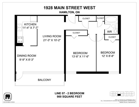 A floor plan for a 1 bedroom apartment at 1928 Main Street West, Hamilton, OH.